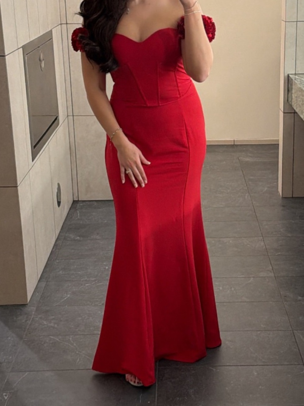 Red Off-Shoulder Evening Gown